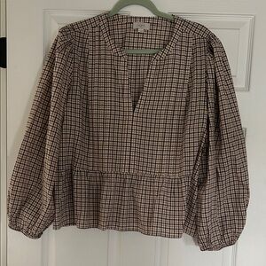 LOFT Beige and Black Plaid Peplum Blouse